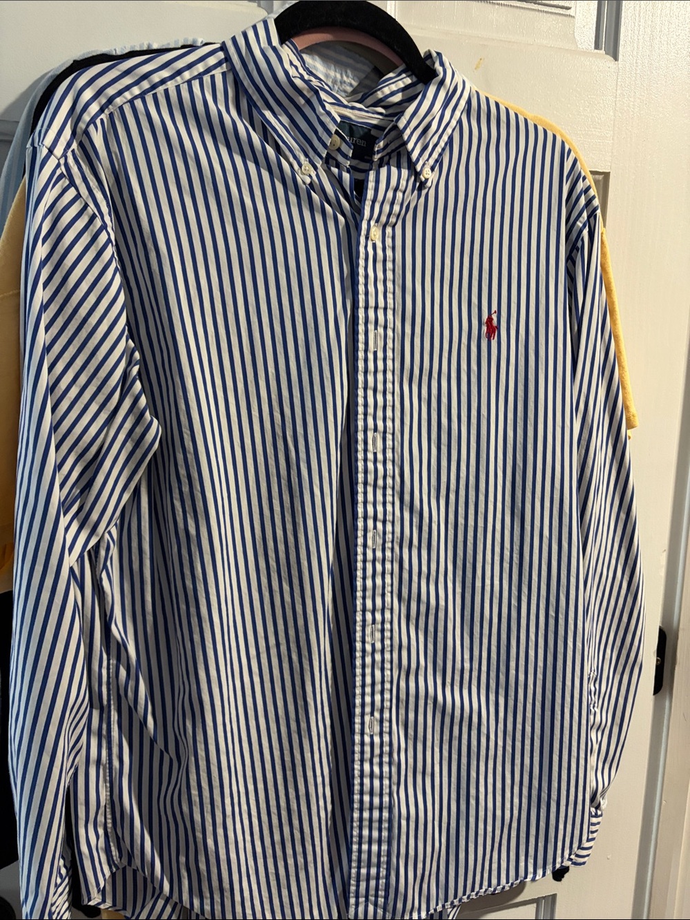 Men’s Polo by Ralph Lauren White and Blue Vertical Stripe Button-Down Shirt